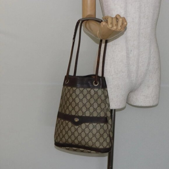 GUCCI GG Supreme Shoulder Bag PVC Beige Gold Auth